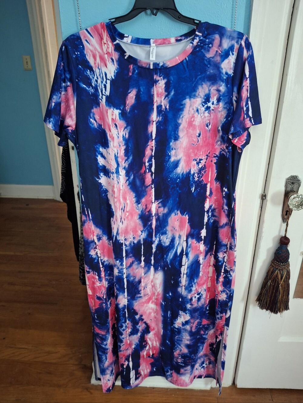 NAGGOO WOMENS XL BLUE & PINK TIE-DYE SHIRT DRESS W SLIT SIDES HIDDEN POCKETS PRE
